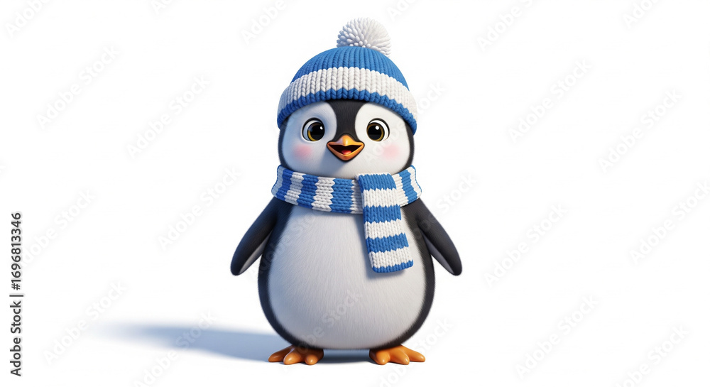 Fototapeta premium A cute cartoon penguin wearing a blue and white striped hat and scarf, smiling.