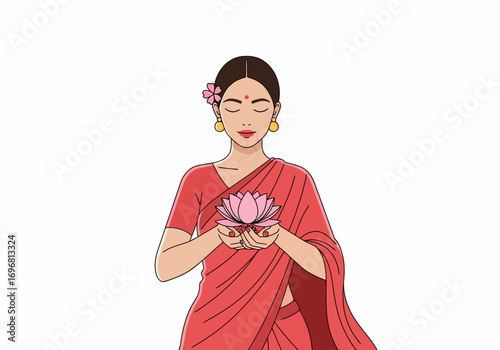 An artistic illustration of a person holding a beautiful lotus flower with closed eyes