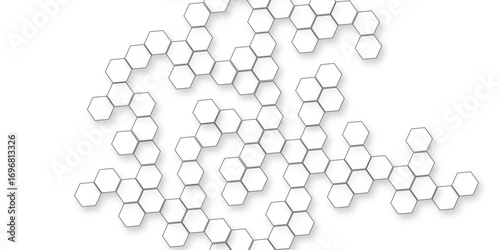 A pattern of white hexagon shapes arranged subtle shadows that create a three-dimensional, layered effect, geometric repetition and depth of the hexagonal grid.