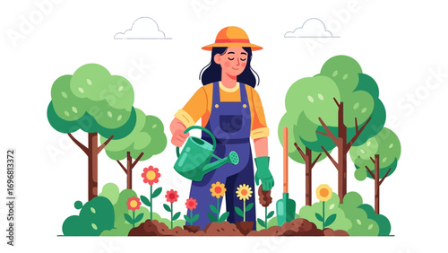 Garden Harmony: A woman cultivates her blossoming garden. This vector illustration captures her nurturing interaction with thriving plants.