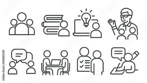 Education icons: collaboration, learning, communication, technology in outlined design