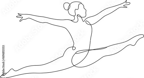 Graceful dancer in mid-air split, captured in a fluid, continuous line drawing.