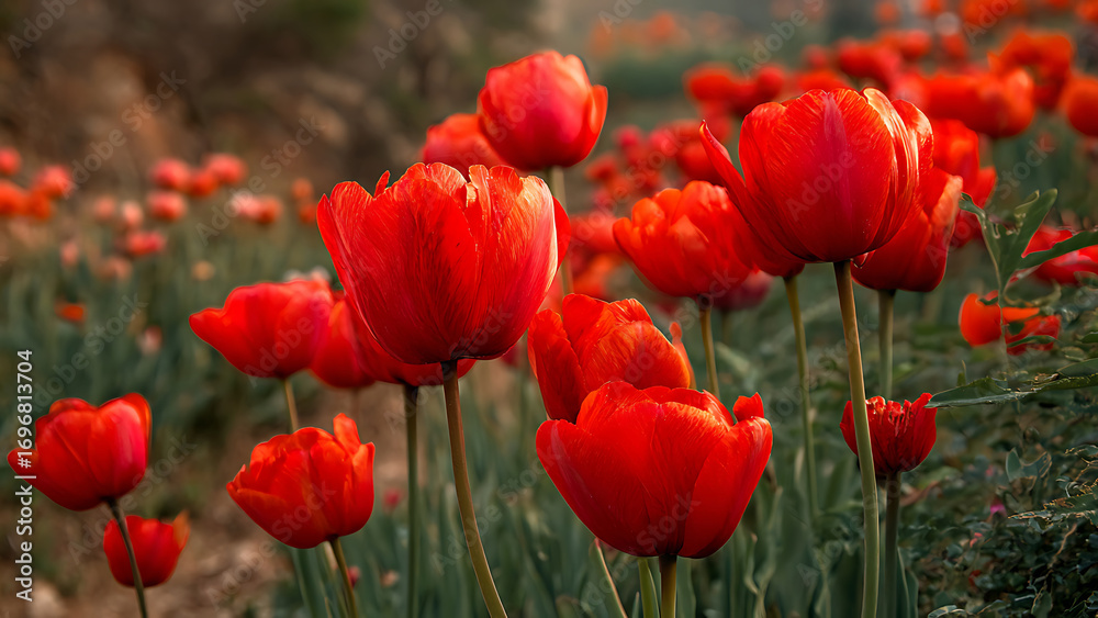 Obraz premium Vibrant Red Tulips Blooming in a Lush Spring Garden with Soft Golden Hour Light and Dreamy Bokeh