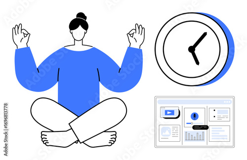 Woman meditating in yoga pose, large clock, and dashboard interface with charts and video. Ideal for mindfulness, productivity, time management, wellness, focus, stress relief simple flat metaphor