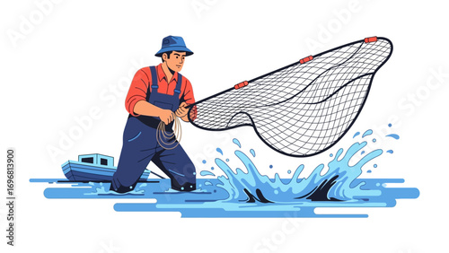 Fisherman Casting a Net: A determined fisherman casts his net into the sparkling water, capturing the essence of a timeless maritime trade.