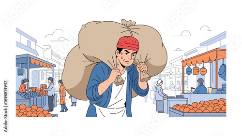 Market Vendor's Burden: An illustrated market vendor carries a heavy sack of goods on his shoulder, navigating through a bustling marketplace, a scene filled with cultural richness and daily life.