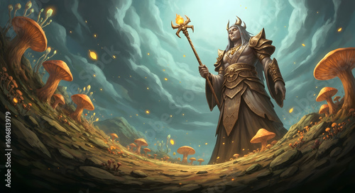 Generative AI Fantasy King in Mushroom Forest Magic Staff Illustration Art Digital painting Landscape Horns Armor Clouds Sky Mushrooms Golden Ground Rocks Trees Environment - High Quality