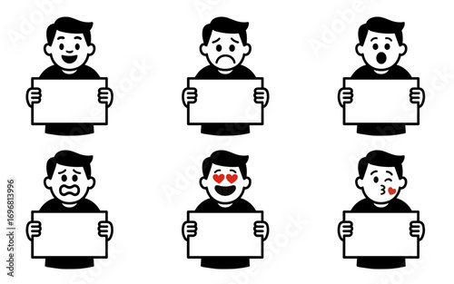 set character man with poster with emotion vector
Vector set character with emotions joy, sadness, satisfaction, anger, love, kiss