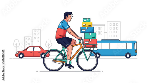 City Cyclist: A cyclist expertly navigates through the city streets, balancing a stack of packages on his bike, showcasing urban life and efficient transport.