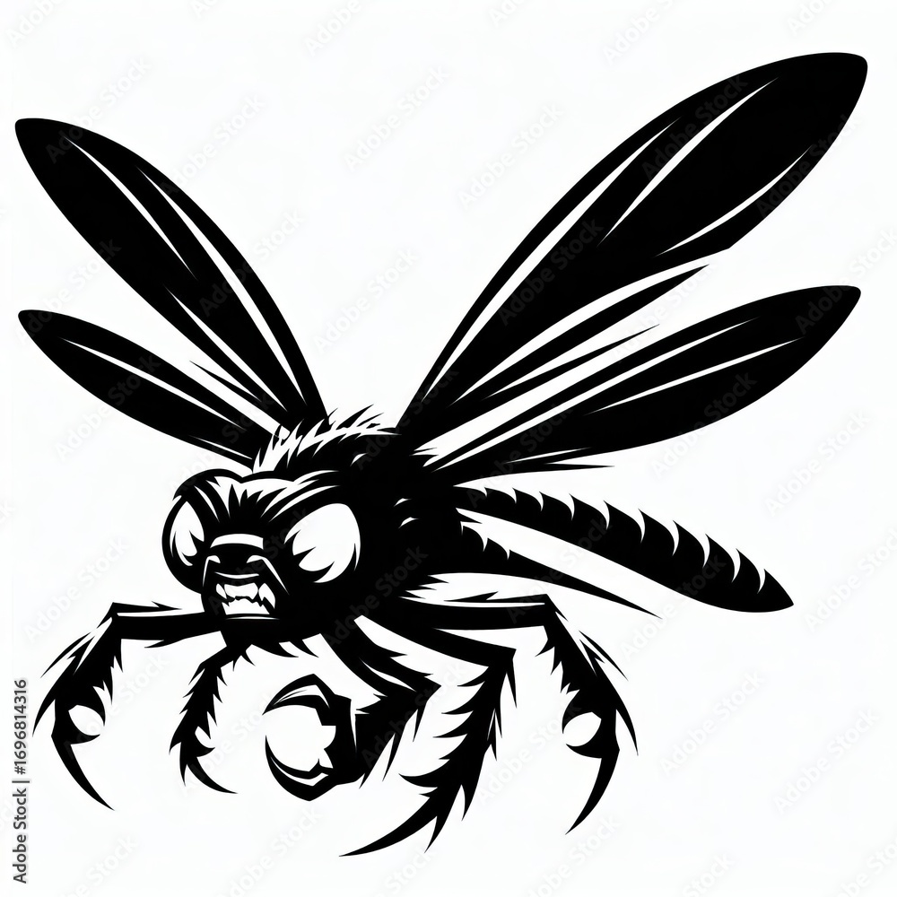 Obraz premium Intense close-up of a black and white dragonfly with detailed wings and fierce eyes