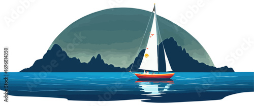 A sailboat gracefully navigating calm waters with a backdrop of scenic mountains. A tranquil scene of a sailboat sailing on the sea. The sailboat symbolizes freedom, adventure.