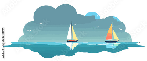 Two sailboats sailing peacefully on a tranquil sea under a cloudy sky. The scene evokes a sense of calm and adventure.