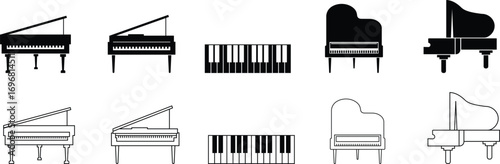 Black silhouette of upright piano icon set, isolated on transparent background. Graphic illustration. concept of musical instrument, classical music, piano recital, icon, logo, design element.