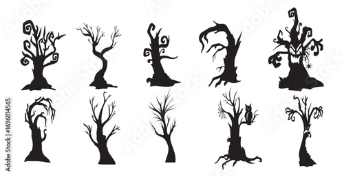 Collection of 10 gloomy halloween trees on white background - Vector illustration