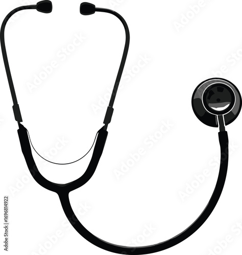 Black and white vector illustration of a stethoscope medical instrument for doctors, nurses, healthcare professionals, diagnosis, and clinical examination purposes