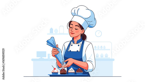 Confectionery Craft: An expert baker gracefully crafts delectable cupcakes with a pastry bag, her skilled touch creating a culinary masterpiece.