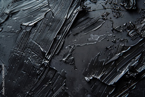 Photo of Many rough dark black smears of acrylic oil paint on flat surface. Background texture for backdrops or mapping