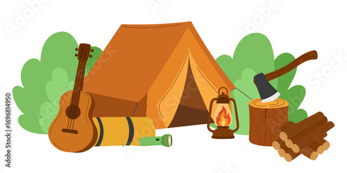Camping scene guitar, lantern, sleeping mat, flashlight, axe, and firewood surrounded by green bushes. Outdoor adventure design perfect for hiking posters, summer camp graphics, travel flyers, picnic 