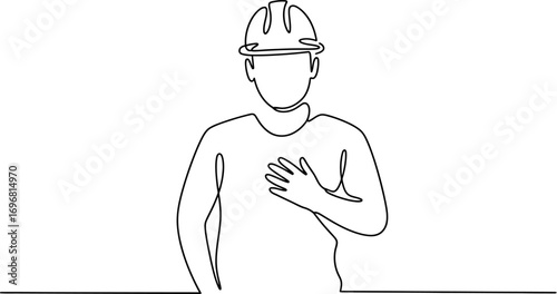 Construction worker wearing hard hat with hand on chest in gesture of pride or assurance