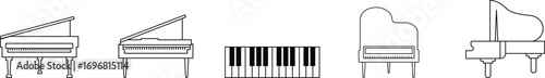 Black silhouette of upright piano icon set, isolated on transparent background. Graphic illustration. concept of musical instrument, classical music, piano recital, icon, logo, design element.