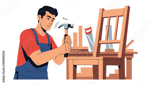 Crafting Harmony: A skilled craftsperson meticulously hammers nails into a wooden chair, capturing the essence of woodworking and carpentry with detailed illustration.