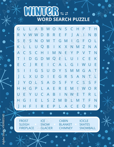 Winter word search puzzle game on a snowflakes background worksheet. Printable family activity for winter season. Educational game for children and adults, learning English vocabulary and words