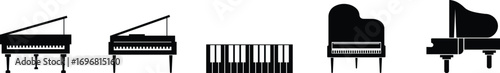 Black silhouette of upright piano icon set, isolated on transparent background. Graphic illustration. concept of musical instrument, classical music, piano recital, icon, logo, design element.