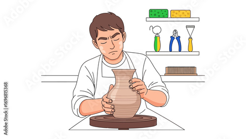 Crafting Memories: A dedicated artisan expertly sculpts a ceramic masterpiece on a pottery wheel, his focus and skill transforming raw clay into timeless artistry.