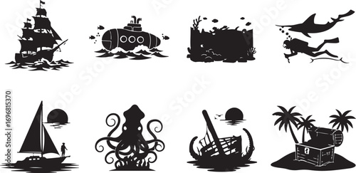 A Nautical Collection of Silhouetted Ocean Scenes Featuring Ships, Submarines, Sea Life, Sunsets, and Tropical Islands