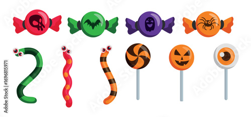 Assorted halloween candies on meb background - Vector illustration