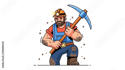 Diligence in the Deep: An illustrative portrayal of a determined miner, illuminated by his helmet lamp, and clutching a pickaxe, embodying unwavering grit in his relentless pursuit.