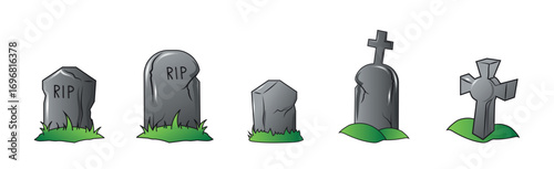 Set of 5 pcs. tombstones from Halloween cemetery on white background - Vector illustration