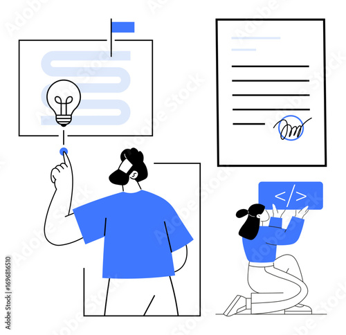 Light bulb signifying ideas, person signing document, and coder with code window. Ideal for productivity, innovation, team collaboration, creativity, digital development, agreement simple landing