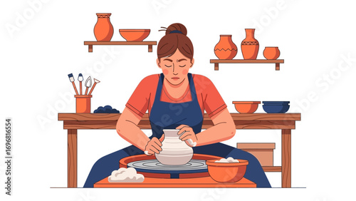 Artisan at Work: A focused artist meticulously molds clay on a potter's wheel in her workshop, surrounded by finished pottery and the tools of her craft.