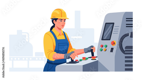 Factory Worker Controlling Machine: A skilled woman engineer operates advanced machinery in a state-of-the-art factory, representing modern industry, innovation, and precision.