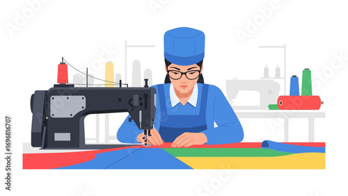 Artisan's Craft: A skilled artisan meticulously operates a sewing machine, creating a colorful textile with precision and dedication in an illustration, showcasing the beauty of craftmanship.