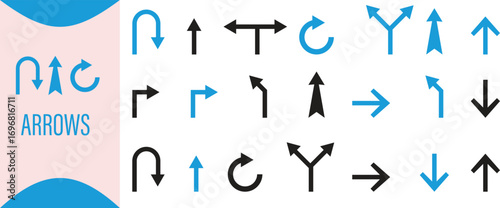 Vector art of collection of various arrow icons, including curved, straight, uturn, and branching arrows in blue and black, isolated on a