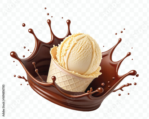 delicious vanilla Ice cream Into crown  chocolate sauce splash isolated on transparent background