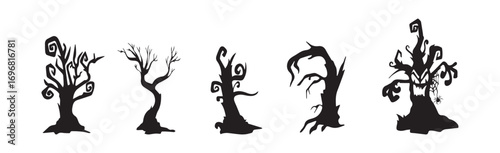 Collection of 5 gloomy halloween trees on white background - Vector illustration
