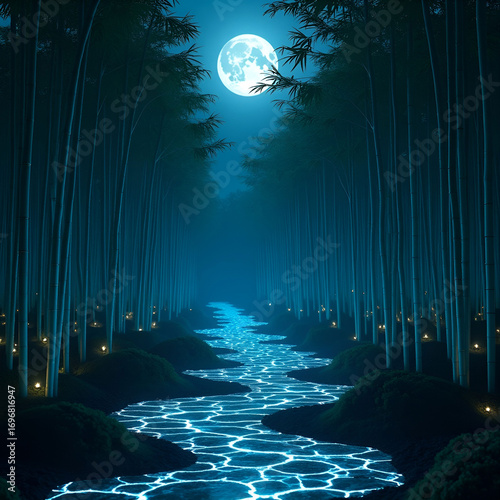 A futuristic bamboo forest with slender, iridescent stalks glowing softly.