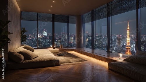 Modern Penthouse Living Room with Tokyo Tower View at Night.