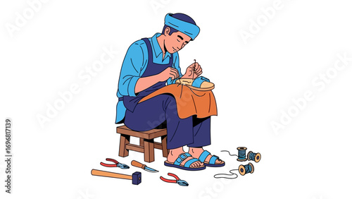 Artisan Crafting: A skilled artisan, engrossed in his craft, meticulously works on a piece of clothing in a studio. The scene captures the essence of manual expertise, concentration.