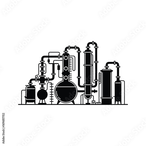 Complex chemical distillation apparatus with beakers flasks and pipes for industrial production