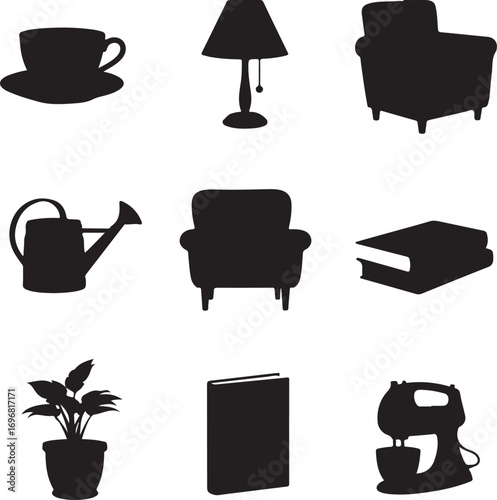 A collection of household objects depicted in silhouette form offering a glimpse into domestic tranquility and everyday life