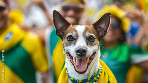 Joyful dog celebrating with fans, vibrant Brazilian colors, national pride