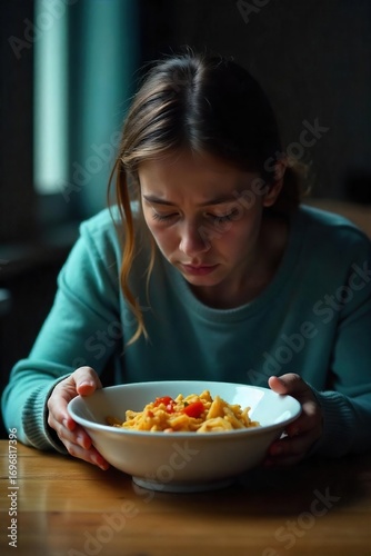 Empty bowl, untouched meal, dim lighting, slumped posture, conveying feelings of hopelessness and lack of appetite associated with depression , sadness, hopelessness, eating disorder