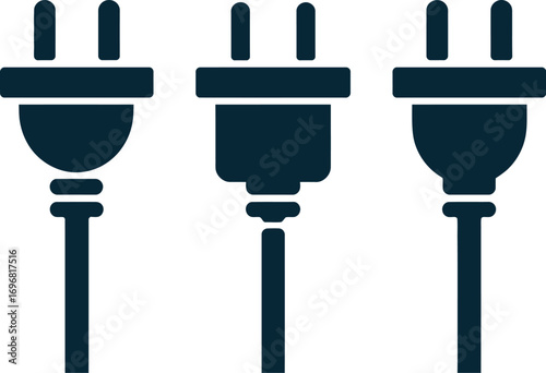 Three dark blue electrical plugs on white background, representing connection and power