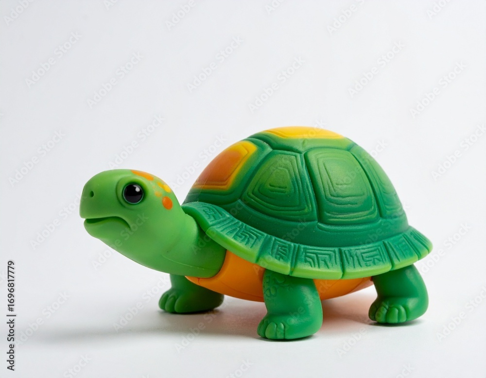 Obraz premium A charming green and orange toy turtle with a curious expression against a clean white background.