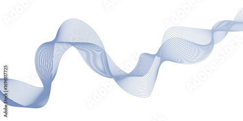 The lines are colored in a subtle gradient, a three-dimensional ribbon or a series of sine waves moving horizontally, Abstract digital illustration featuring a flowing wave in parallel lines.