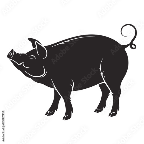 Black silhouette of a pig with a curly tail on a white background swine animal 1